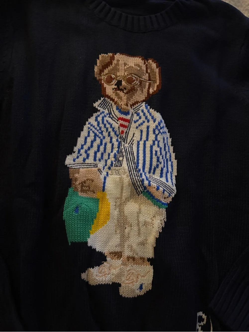 Polo by Ralph Lauren Navy Bear Intarsia Crewneck Sweater with Multicolor Bear